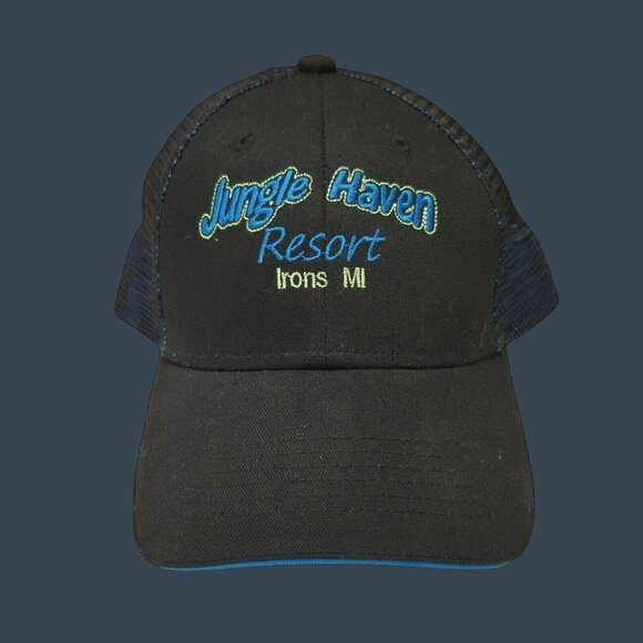 Jungle Haven Resort Irons MI Black Mesh Snapback Trucker Hat Embroidered Cap - Picture 1 of 9